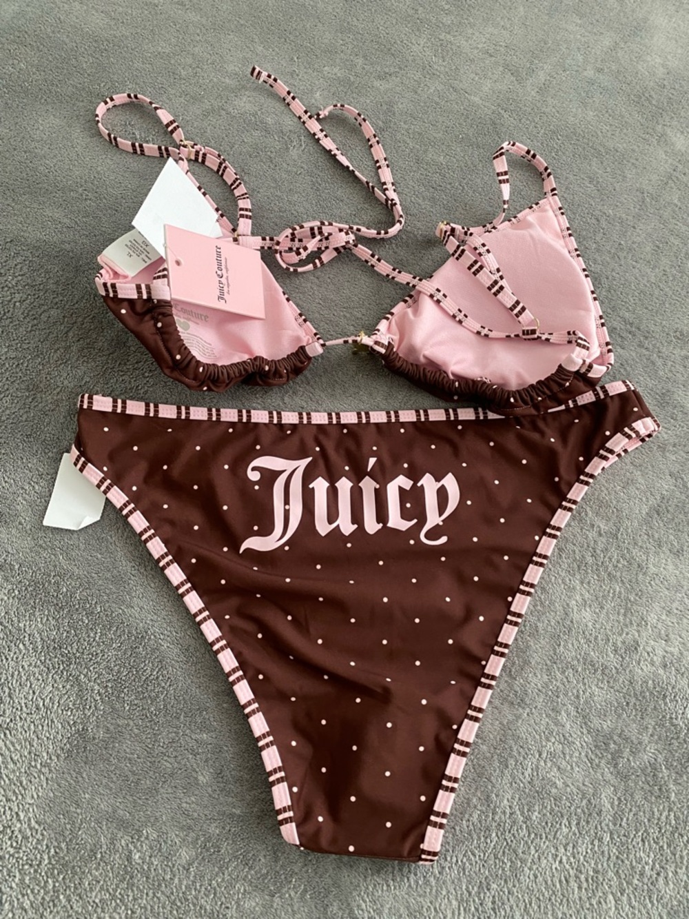 Juicy Couture Brown Pink Polka Dot Bikini Set XL NWT
